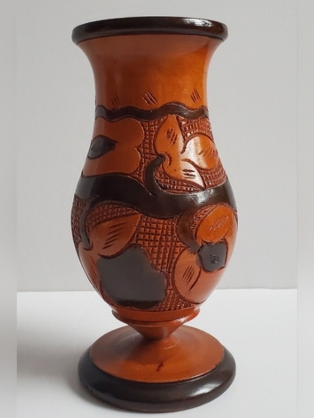 Hand Carved Laquered Wood Footed Vase Native Folk Art Two Tone Floral Design